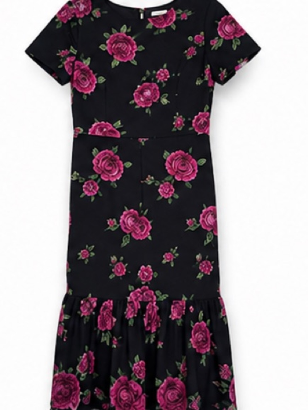 Shoshanna Black Midi Dress with Fuchsia Rose Print